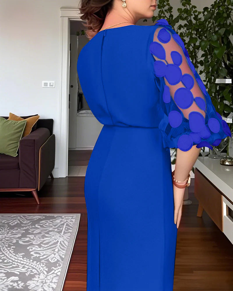 Polka Dot Mesh Lantern Sleeve Slit Midi Dress OMFORT