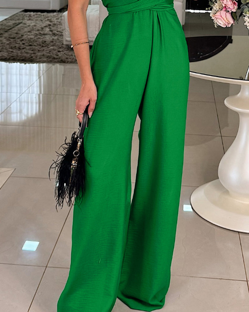 Halter Sleeveless Lace-up Jumpsuit Casual Waist Ruched Loose Fit Romper OMFORT