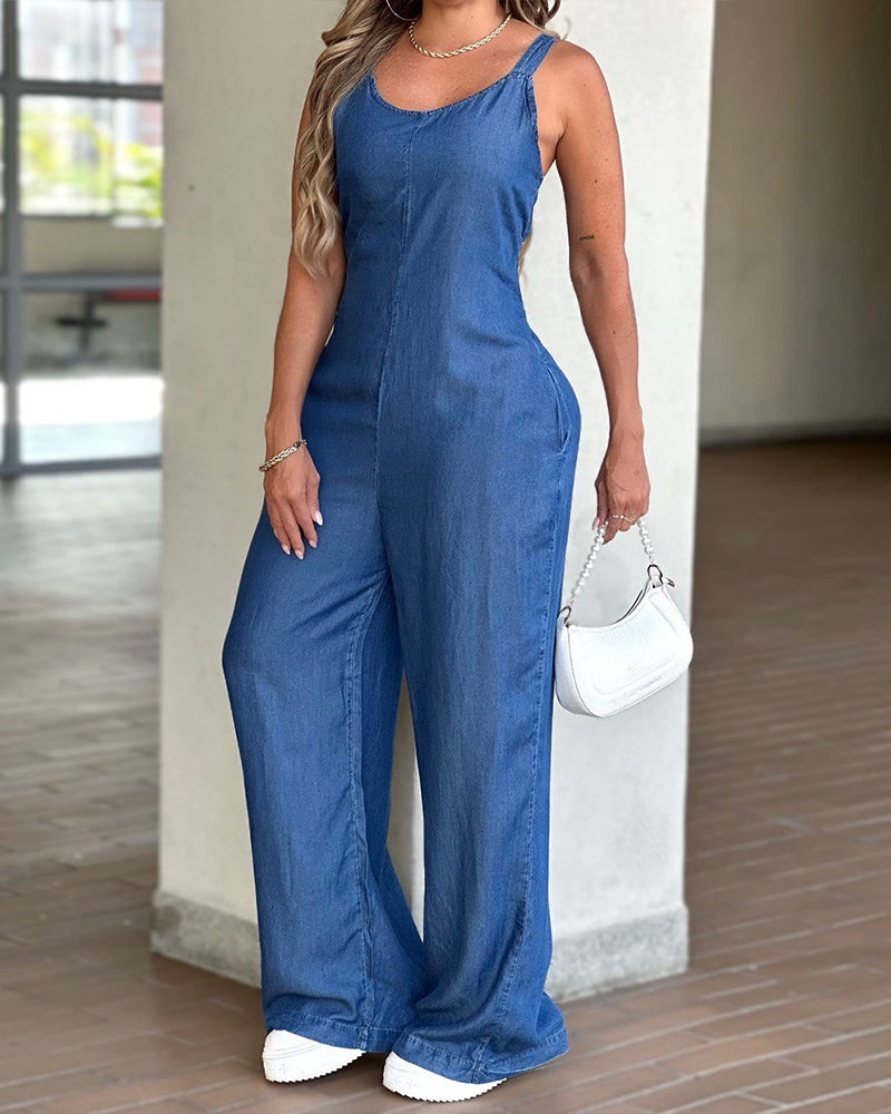 V-Neck Adjustable Thick Straps Denim Overalls Casual Shirred Back Wide Leg Suspender Jumpsuit mysite