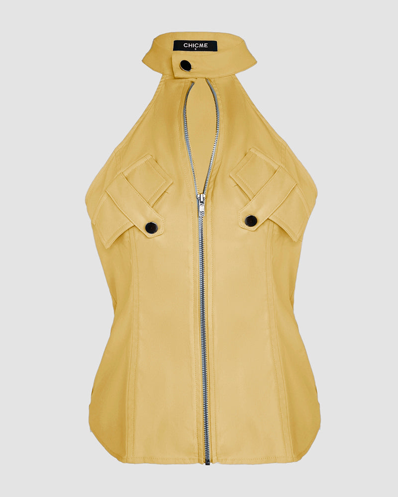 2 Pieces Outfits Sleeveless High Neck Cargo Pockets Design Top And Casual Cuffed Long Pants Set Omfort