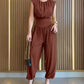 Padded Shoulders Sleeveless Cinched Waist Side High Slit Overalls Casual Hollow-out Back Ruched Jumpsuit Omfort