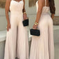 Pleated Design V Neck Adjustable Spaghetti Straps Cinched Waist Overalls Casual Pleated Flared Jumpsuit OMFORT