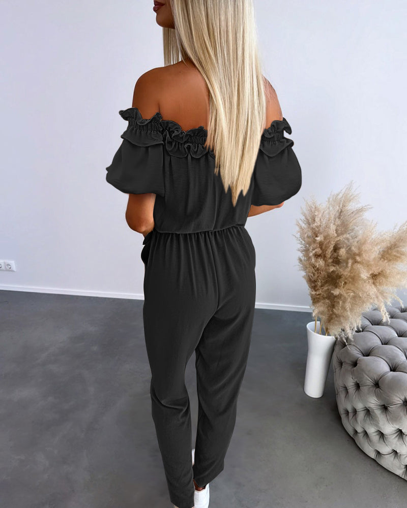 Frill Trim Off Shoulder Short Sleeve Tie Waist Overalls Casual Textured Jumpsuit Omfort