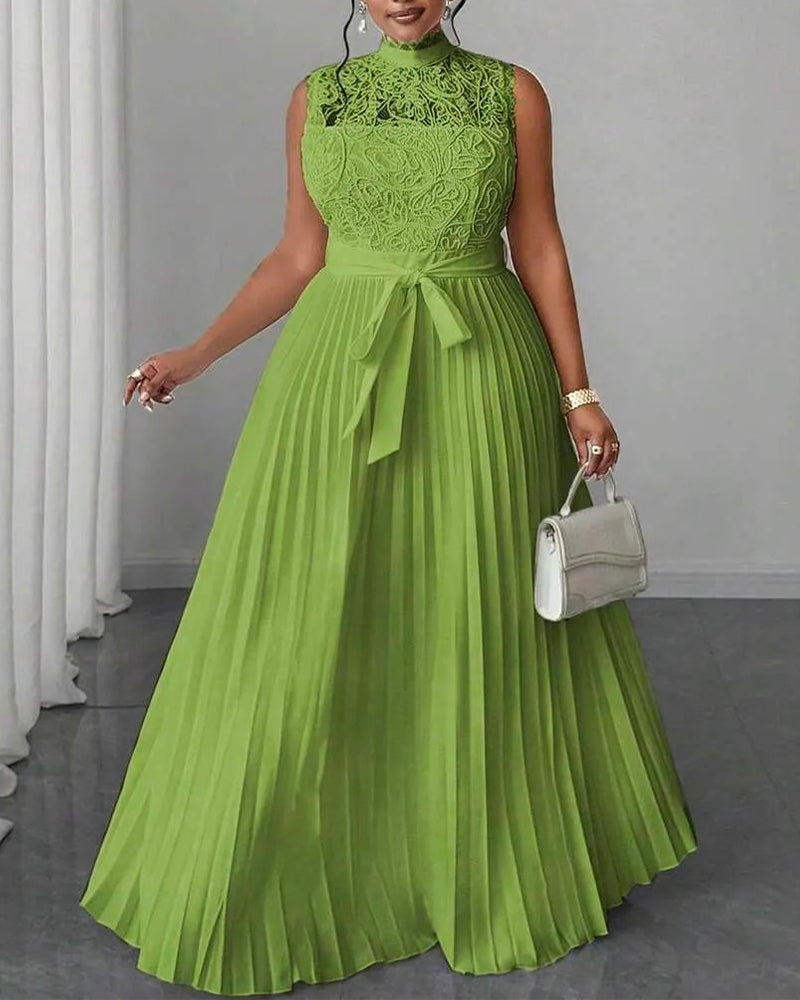 Mock Neck Sleeveless high Waist Pleated Maxi Dress Elegant Lace & Braided Spliced Zipper Back Evening Dress with Belt Omfort