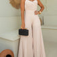 Pleated Design V Neck Adjustable Spaghetti Straps Cinched Waist Overalls Casual Pleated Flared Jumpsuit OMFORT