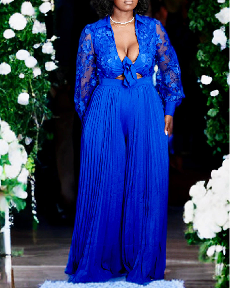 Jacquard Sheer Mesh Patch Turn-down Collar Jumpsuit Elegant Waist Tied Detail Pleated Flare Romper OMFORT