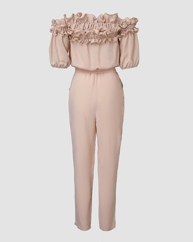 Frill Trim Off Shoulder Short Sleeve Tie Waist Overalls Casual Textured Jumpsuit Omfort