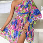 Floral Print Lantern Sleeve One Shoulder A Line Dress Casual Zipper Side Ruched Vacation Dress Omfort
