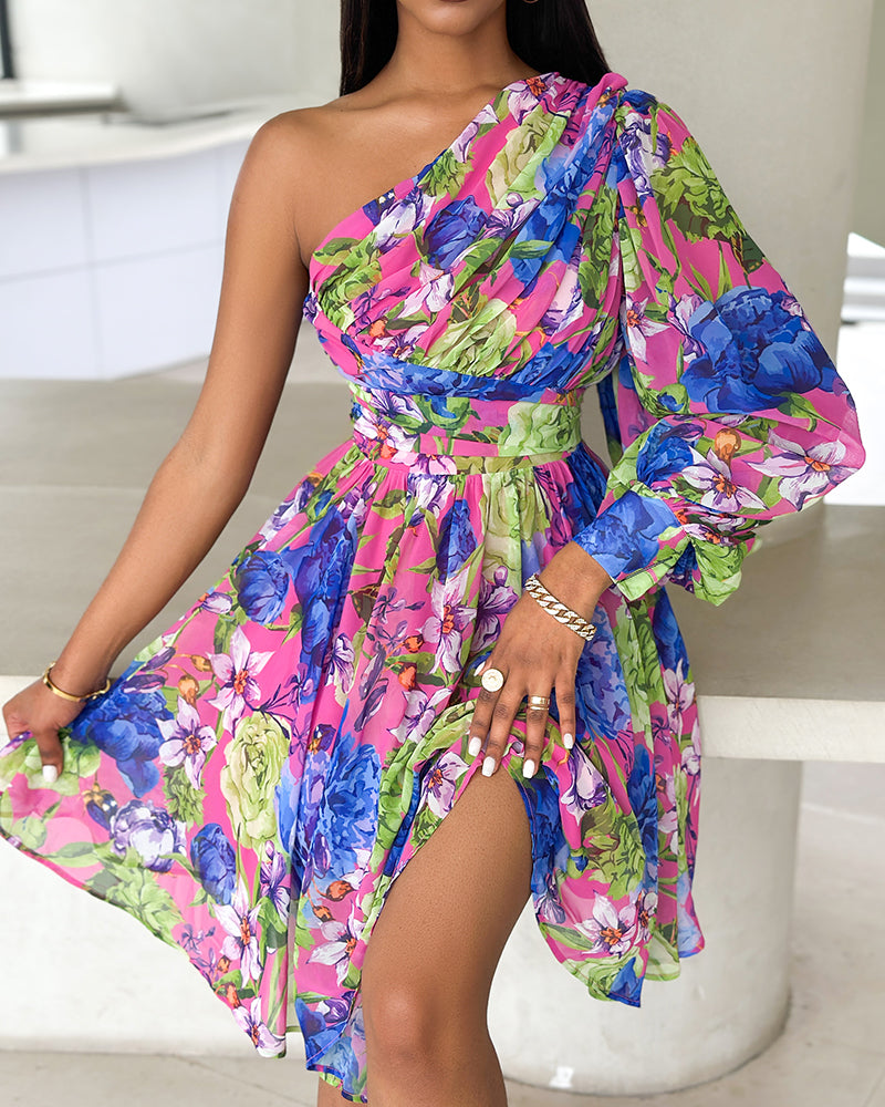 Floral Print Lantern Sleeve One Shoulder A Line Dress Casual Zipper Side Ruched Vacation Dress Omfort