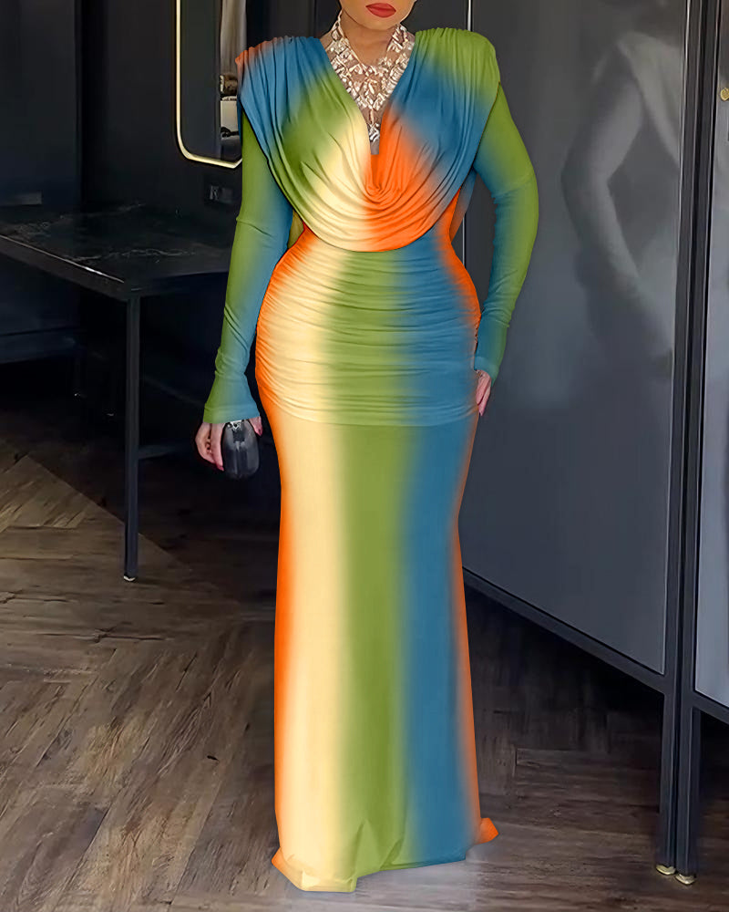 Tie Dye Print Cowl Neck Long Sleeve Backless Maxi Dress Slim Fit Zipper Back Ruched Mermaid Hem Evening Dress OMFORT