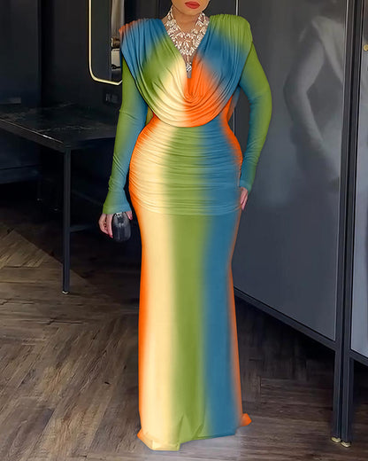 Tie Dye Print Cowl Neck Long Sleeve Backless Maxi Dress Slim Fit Zipper Back Ruched Mermaid Hem Evening Dress OMFORT