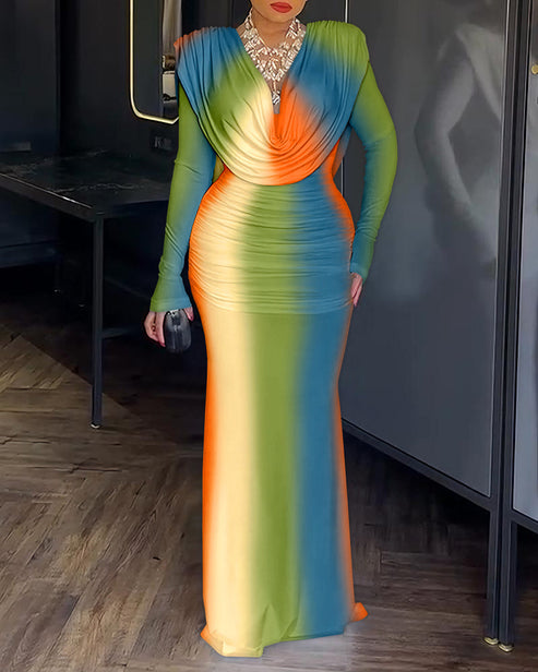 Tie Dye Print Cowl Neck Long Sleeve Backless Maxi Dress Slim Fit Zipper Back Ruched Mermaid Hem Evening Dress OMFORT