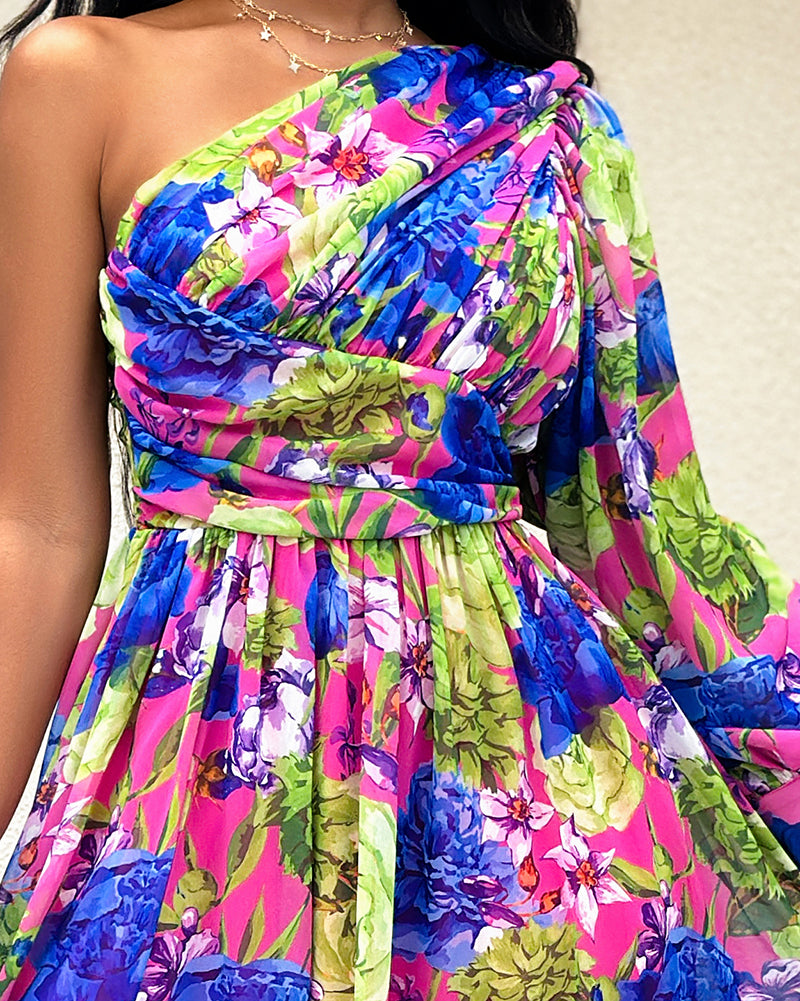 Lantern Sleeve One Shoulder High Slit Floral Maxi Dress Omfort