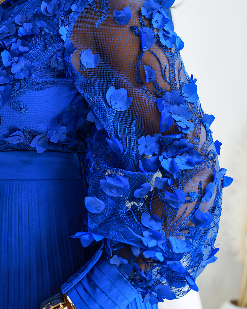 Jacquard Sheer Mesh Patch Turn-down Collar Jumpsuit Elegant Waist Tied Detail Pleated Flare Romper OMFORT