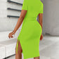 O Neck Short Sleeve Solid Color Cut Out Ruched Drawstring Bodycon Dress With Side Slit mysite