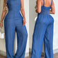 V-Neck Adjustable Thick Straps Denim Overalls Casual Shirred Back Wide Leg Suspender Jumpsuit mysite