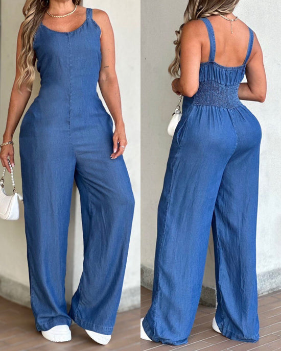 V-Neck Adjustable Thick Straps Denim Overalls Casual Shirred Back Wide Leg Suspender Jumpsuit mysite