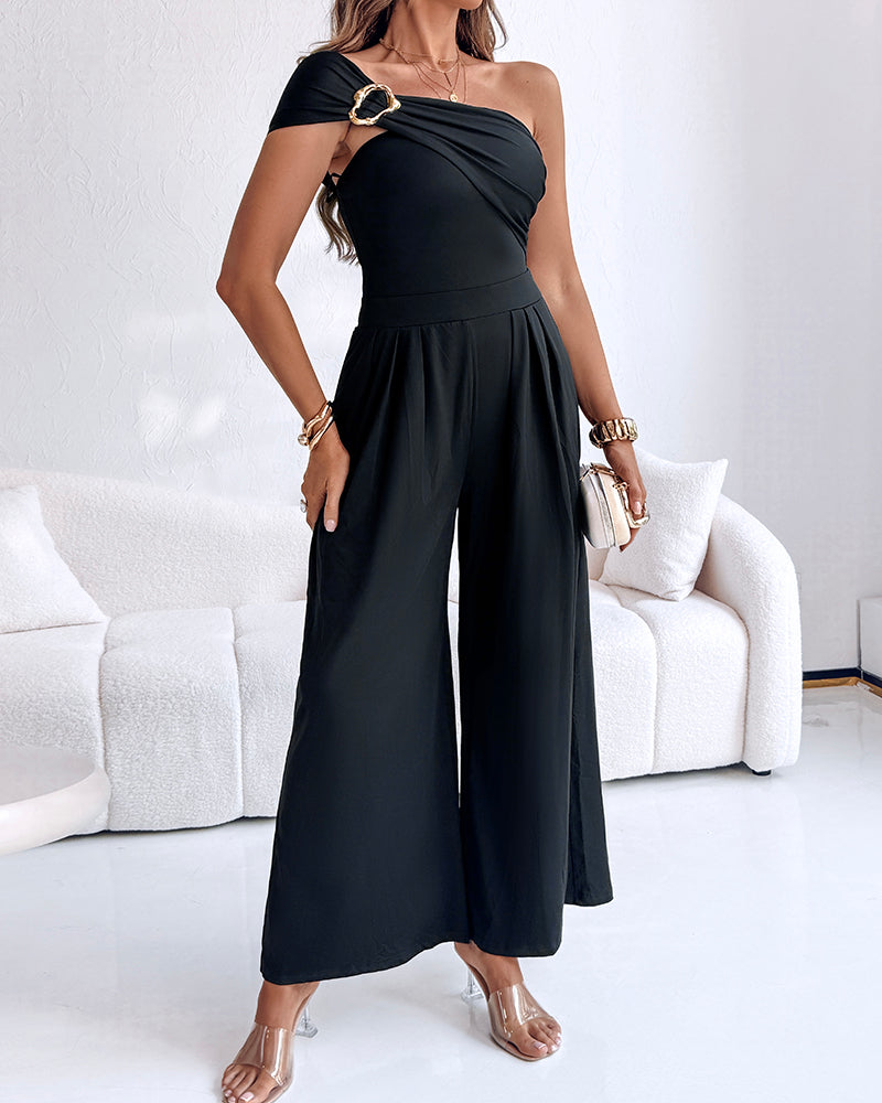 Cold Shoulder Ruched Buckle Wide Leg Jumpsuit Omfort