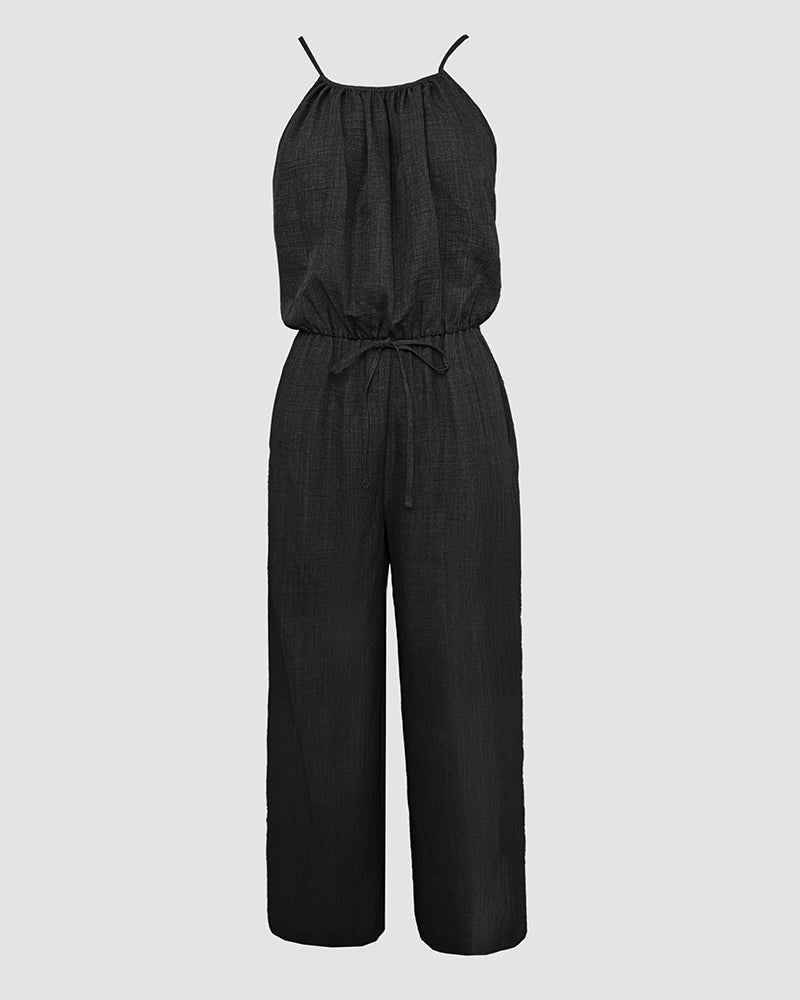 Spaghetti Strap Drawstring Tied Waist Jumpsuit Casual Overalls OMFORT