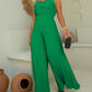 Pleated Design V Neck Adjustable Spaghetti Straps Cinched Waist Overalls Casual Pleated Flared Jumpsuit OMFORT