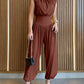 Padded Shoulders Sleeveless Cinched Waist Side High Slit Overalls Casual Hollow-out Back Ruched Jumpsuit Omfort