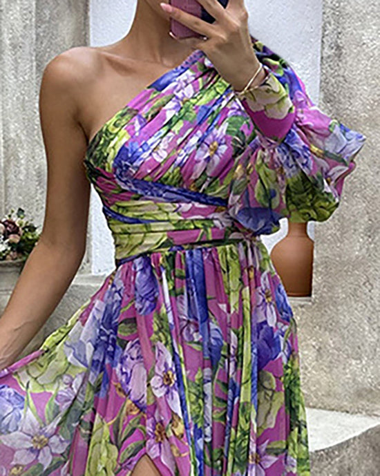 Lantern Sleeve One Shoulder High Slit Floral Maxi Dress Omfort