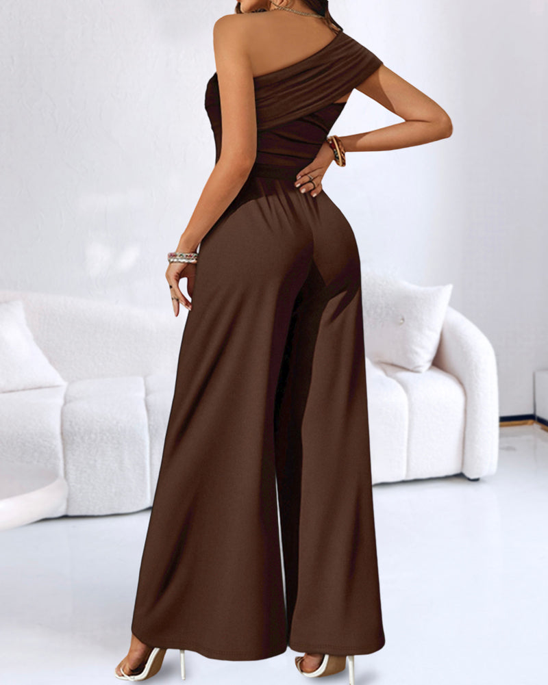 Cold Shoulder Ruched Buckle Wide Leg Jumpsuit Omfort