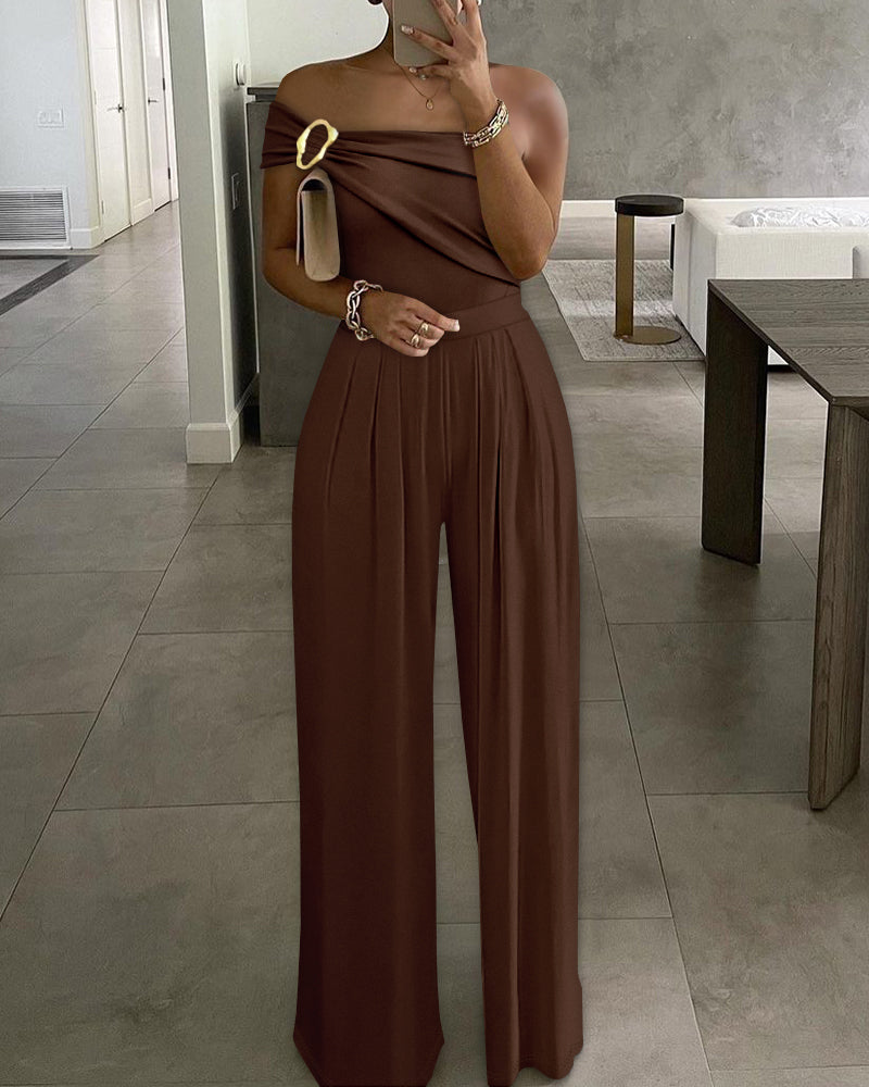 Cold Shoulder Ruched Buckle Wide Leg Jumpsuit Omfort