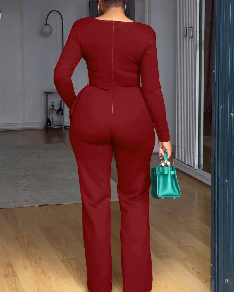 Cowl Neck Asymmetrical Textured Patchwork Cinched Waist Jumpsuit Casual Zipper Back Wide Leg Jumpsuit OMFORT