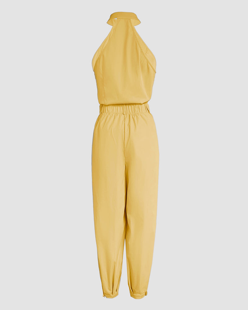 2 Pieces Outfits Sleeveless High Neck Cargo Pockets Design Top And Casual Cuffed Long Pants Set Omfort