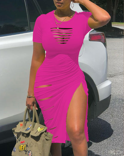 O Neck Short Sleeve Solid Color Cut Out Ruched Drawstring Bodycon Dress With Side Slit mysite