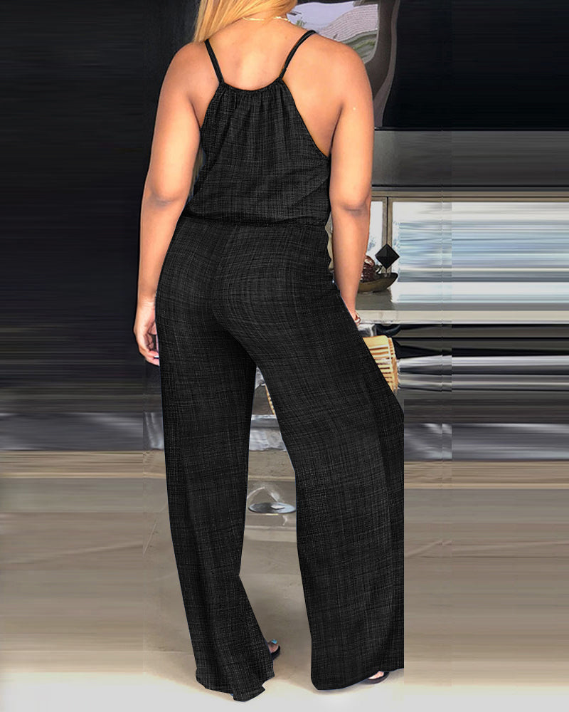 Spaghetti Strap Drawstring Tied Waist Jumpsuit Casual Overalls OMFORT