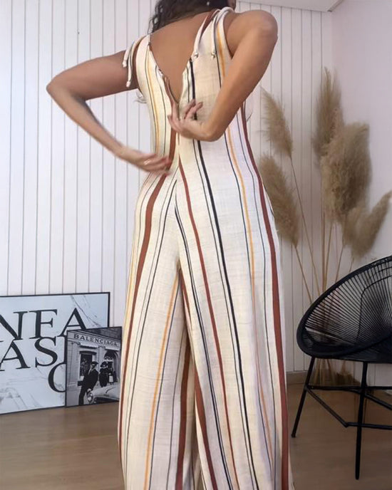 Striped V Neck Sleeveless Zipper Back Overalls Casual Shoulder Tied Wide Leg Jumpsuit With Pockets OMFORT