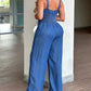 V-Neck Adjustable Thick Straps Denim Overalls Casual Shirred Back Wide Leg Suspender Jumpsuit mysite
