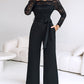 Off Shoulder Long Sleeve Eyelash Lace Spliced Slim Fit Overalls Casual Zipper Back Jumpsuit with Belt OMFORT