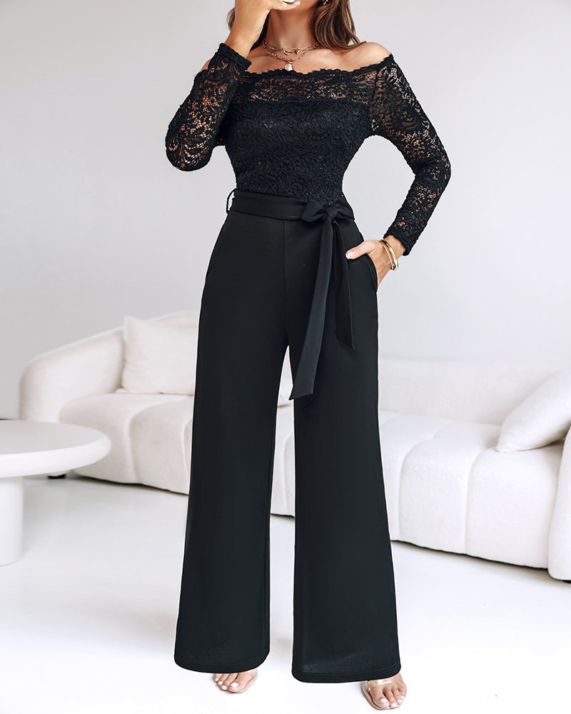 Off Shoulder Long Sleeve Eyelash Lace Spliced Slim Fit Overalls Casual Zipper Back Jumpsuit with Belt OMFORT