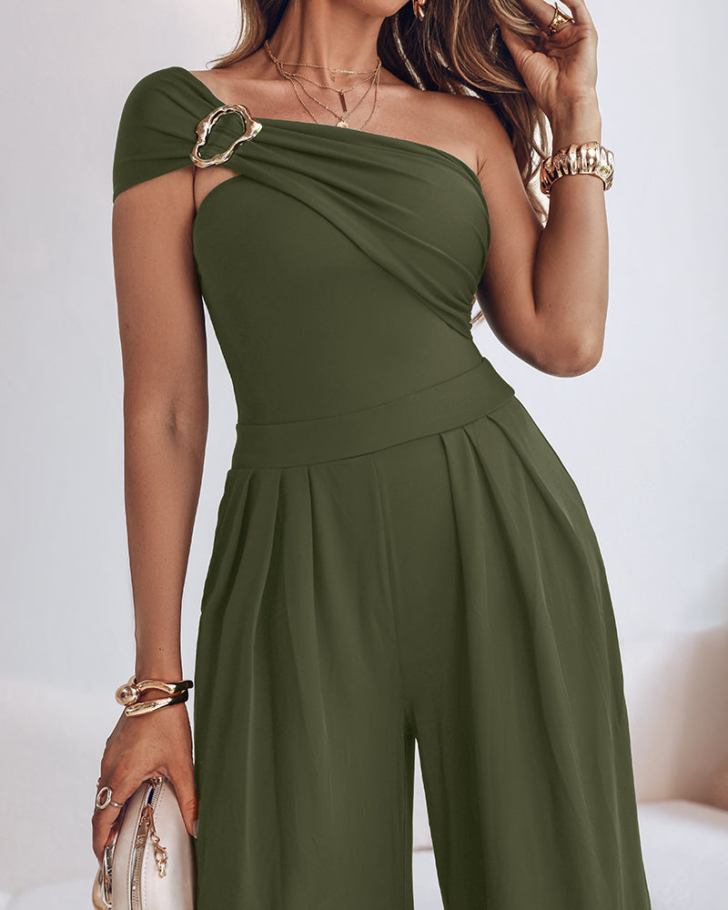 Cold Shoulder Ruched Buckle Wide Leg Jumpsuit Omfort