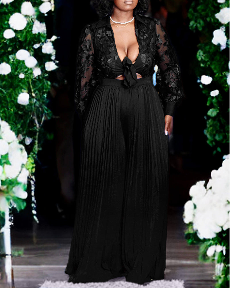 Jacquard Sheer Mesh Patch Turn-down Collar Jumpsuit Elegant Waist Tied Detail Pleated Flare Romper OMFORT