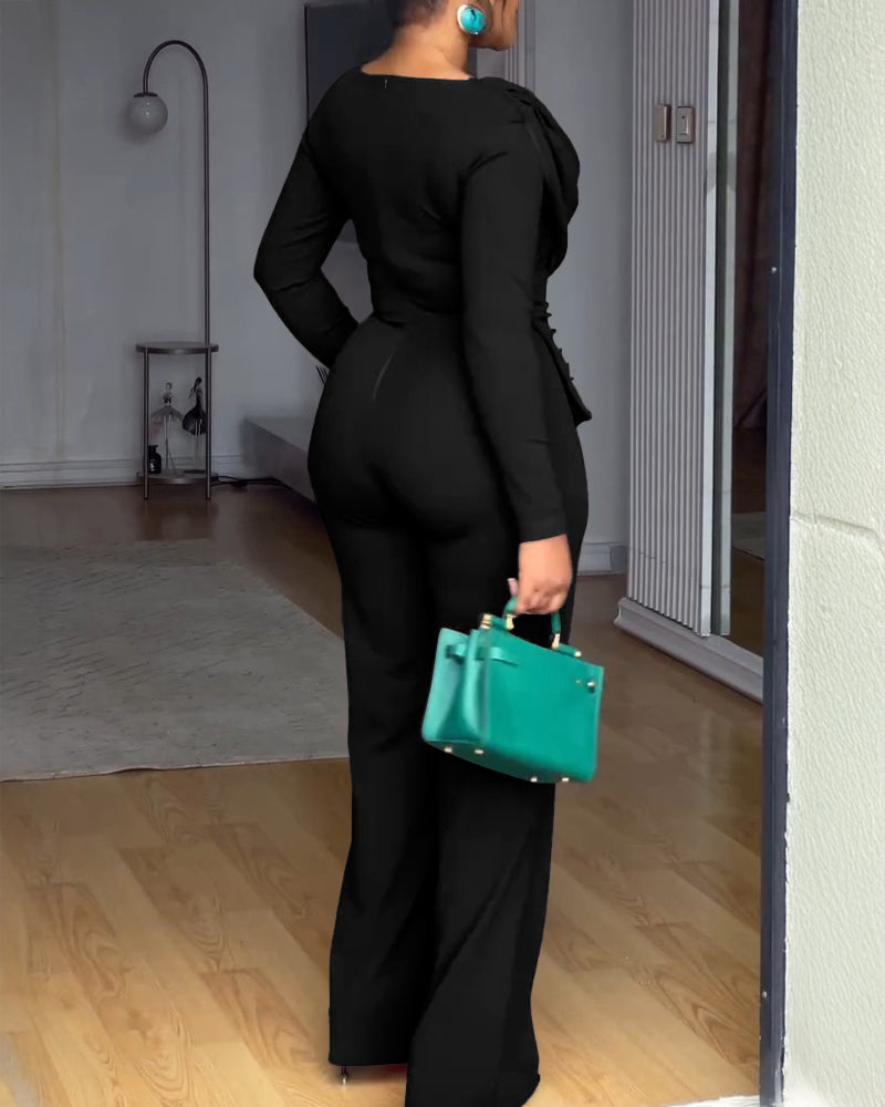 Cowl Neck Asymmetrical Textured Patchwork Cinched Waist Jumpsuit Casual Zipper Back Wide Leg Jumpsuit OMFORT