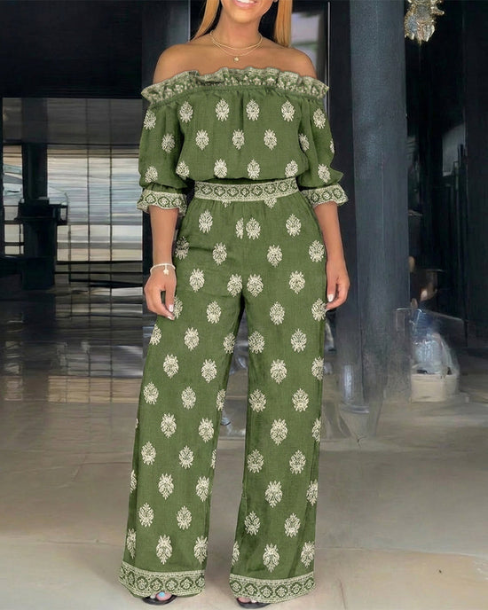 Off Shoulder Half Sleeve Flared Cuffs Stretchy Top and High Waist Wide Leg Pants 2Pcs Set OMFORT