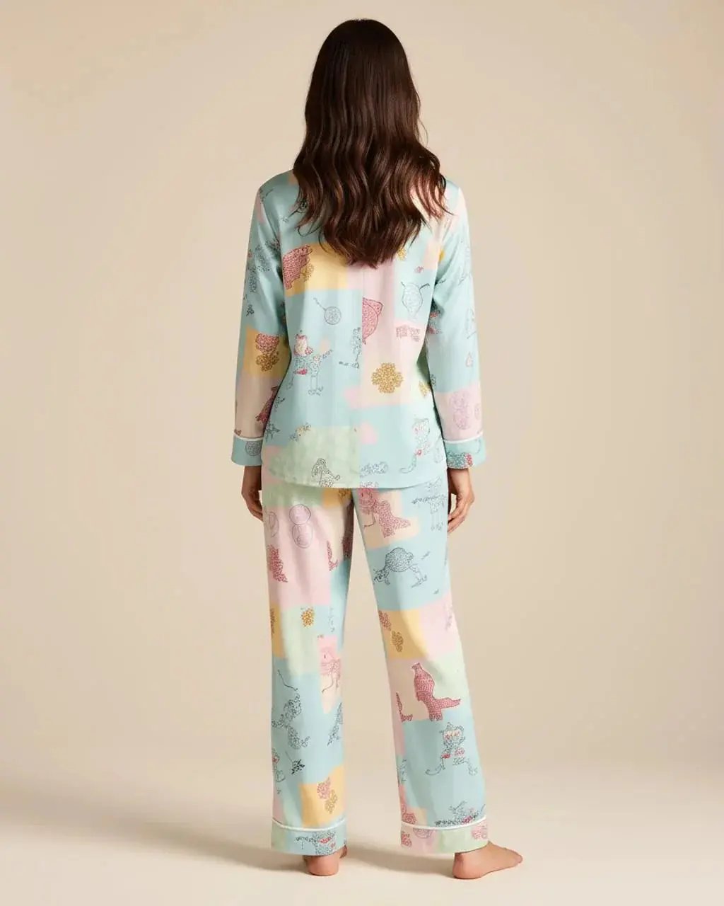 Irregular Patchwork Print Lapel Collar Pajama Set OMFORT