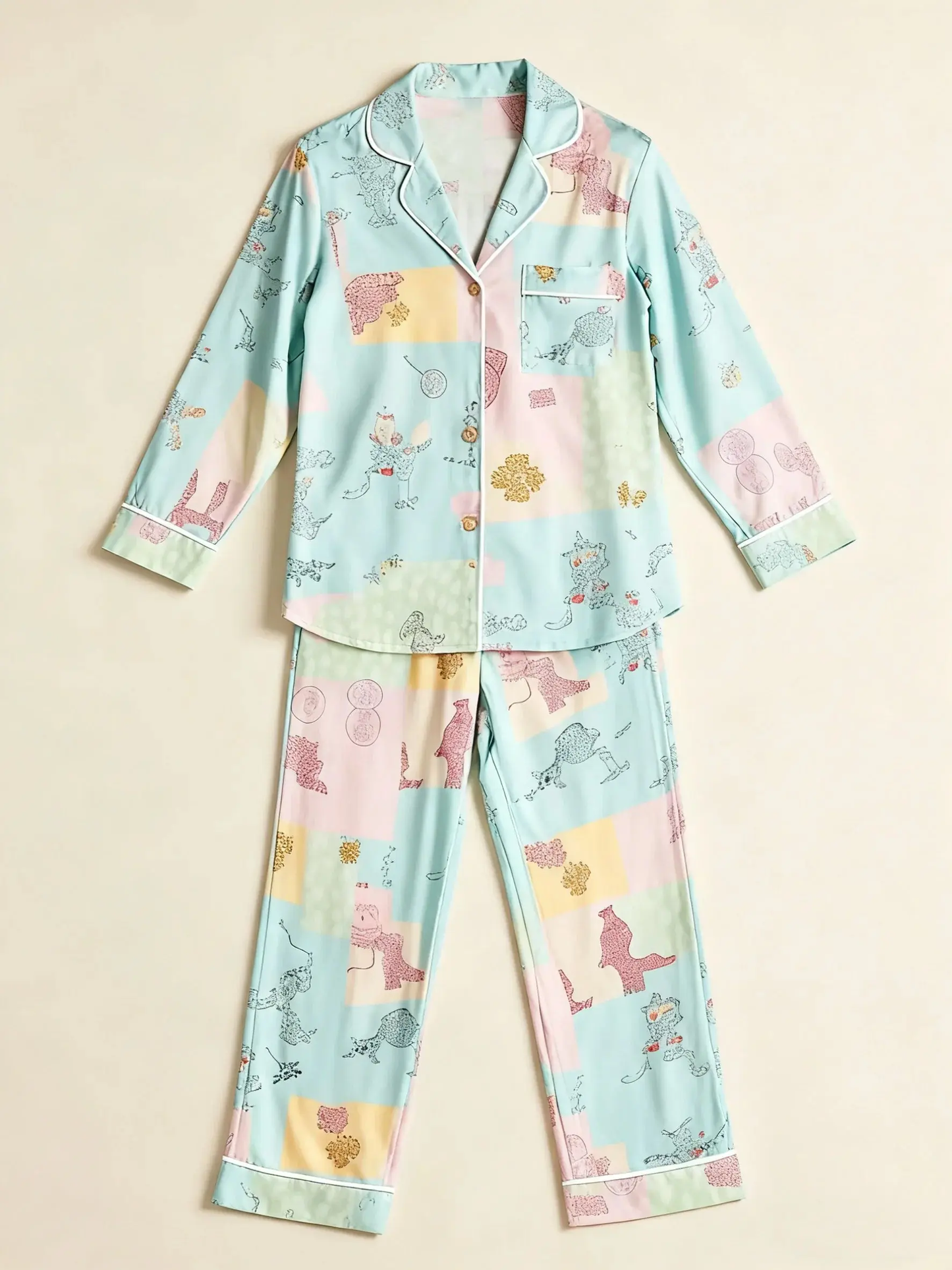 Irregular Patchwork Print Lapel Collar Pajama Set OMFORT