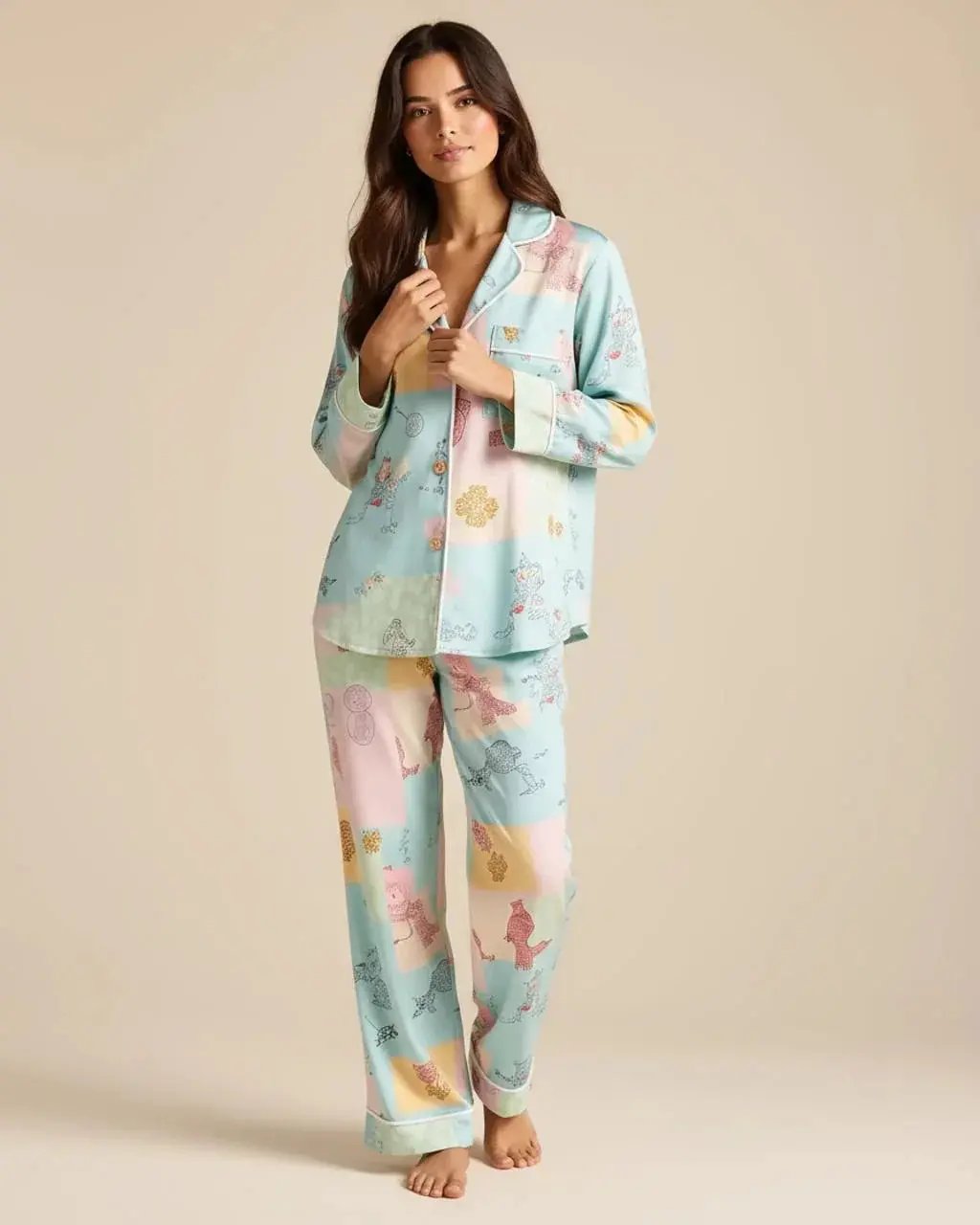 Irregular Patchwork Print Lapel Collar Pajama Set OMFORT