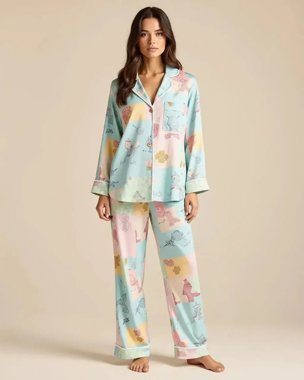 Irregular Patchwork Print Lapel Collar Pajama Set OMFORT
