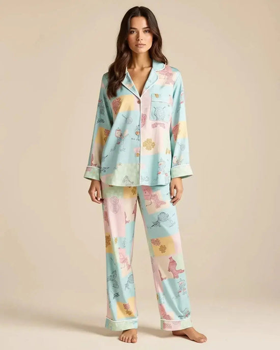 Irregular Patchwork Print Lapel Collar Pajama Set OMFORT