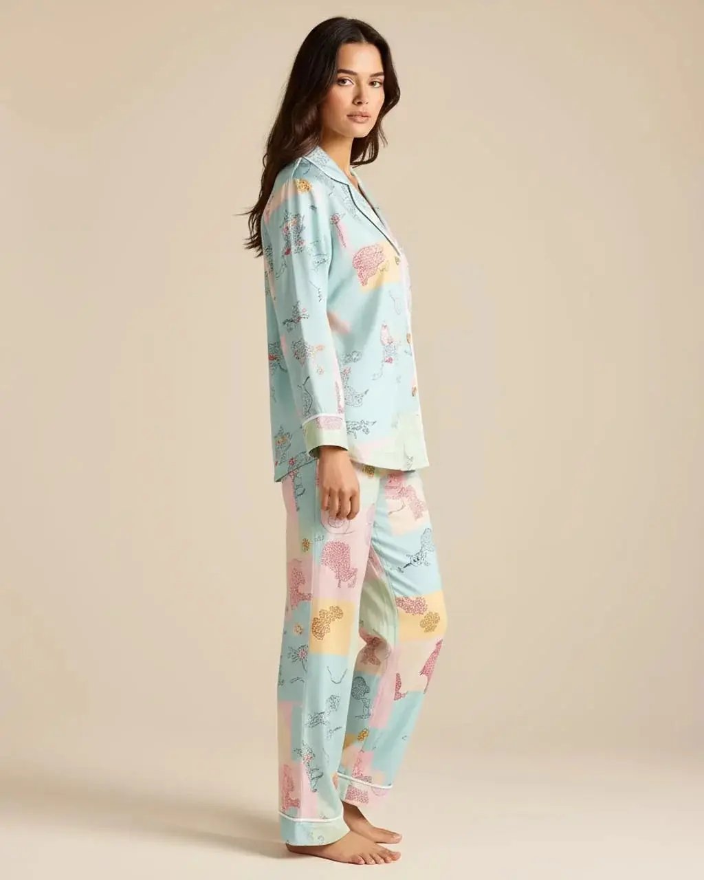 Irregular Patchwork Print Lapel Collar Pajama Set OMFORT
