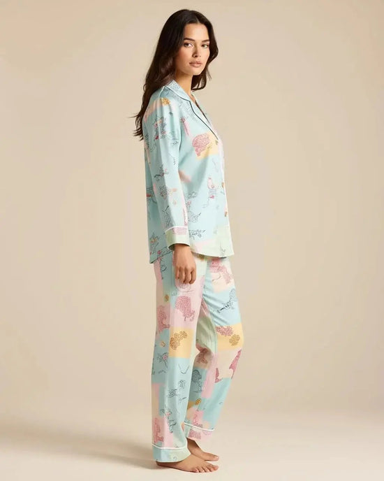 Irregular Patchwork Print Lapel Collar Pajama Set OMFORT