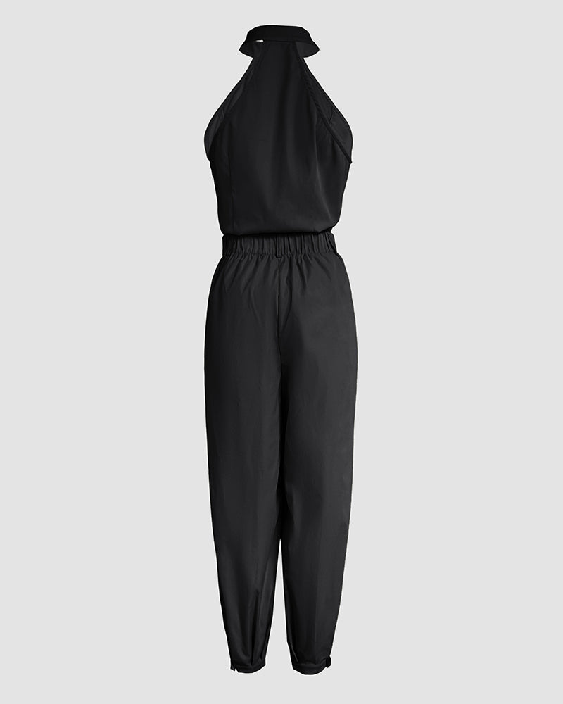 2 Pieces Outfits Sleeveless High Neck Cargo Pockets Design Top And Casual Cuffed Long Pants Set Omfort