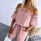 Frill Trim Off Shoulder Short Sleeve Tie Waist Overalls Casual Textured Jumpsuit Omfort