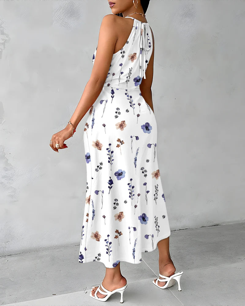 Watercolor Ditsy Floral Print Halter Tie Criss Cross Spliced Dress OMFORT